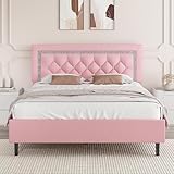 BarnFurin Full Size Bed Frame with Tufted Button Headboard, Upholstered Platform Bed Frame with Diamond Design, Wood Slat Support, No Box Spring Needed, Easy Assembly, Pink