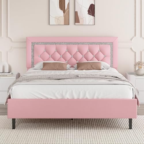 BarnFurin Full Size Bed Frame with Tufted Button Headboard Upholstered Platform Bed Frame with Diamond Design Wood Slat Support No Box Spring Needed Easy Assembly Pink