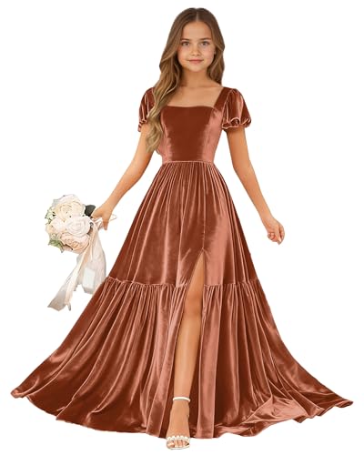 olalunule Long Junior Bridesmaid Dresses with Slit for Teen Girls Square Neck Burnt Orange Winter Velvet Junior Formal Dress Size 9-10 for Wedding Guest