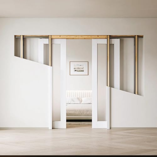 Image of Frosted Glass 1-Lite Sliding Pocket Doors White Standard Door with Hardware Kit Set,60 inchx96 inch