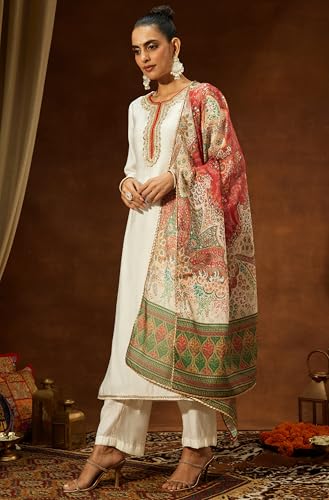 Image of Janasya Women's Off White Silk Blend Embellished Straight Kurta Set