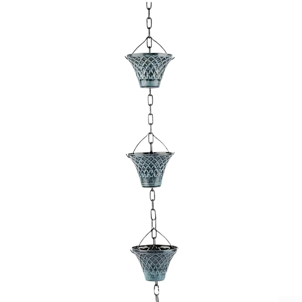 Chaîne de pluie de 2,7 m pour décoration de jardin en extérieur - Bronze bleu fer géométrique - Fixation de gouttière artistique facile à installer (bleu)