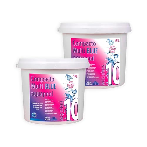Pack Ahorro 2 uds Compacto 10 ACCIONES AQUAPOOL (200 GR) - Pastillas de Cloro multifunción - Disolución Lenta - Apto Piscinas Liner (2x5 KG)