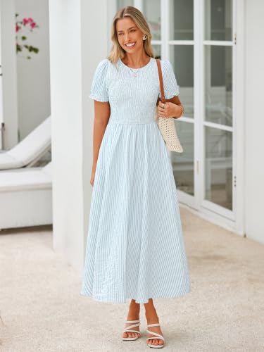 Simplee Womens Summer Casual Midi Dress Striped Smocked Puff Sleeve High Waist A Line Boho Beach Vacation Dresses with Pockets Light Blue M — view 3