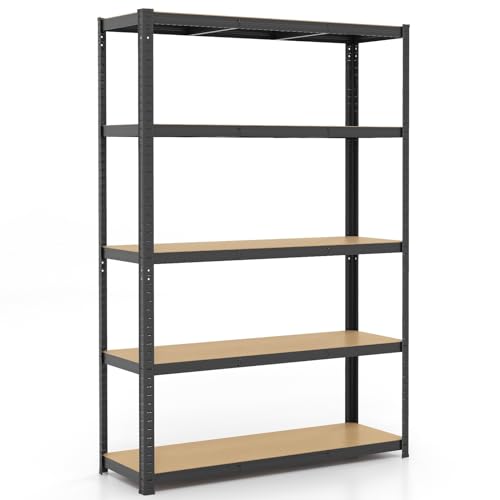 Giantex 5-Tier Metal Utility Shelves, Garage Storage Shelving Unit w/Adjustable Height, Anti-Tipping Devices, 2200 LBS Total Load Capacity, Heavy Duty Display Rack for Shop, Kitchen (1, Black)
