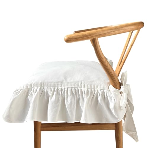 cozymomdeco Korean Made Chair Pad Slipcover 17.5'x17.5' Chair Cushion Cover Ties with Ruffle Farmhouse Decor Covers Only, Gift for Mom (Solid White) Stocking Stuffer