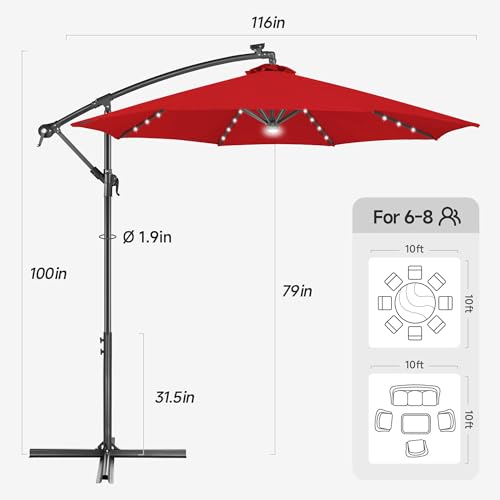 Image of Solar Offset Patio Umbrella - 10 FT Solar Cantilever Umbrella Outdoor with 40 LED Lights and Cross Base, UV Protection for Garden, Deck, Backyard, Pool, Porch, Red