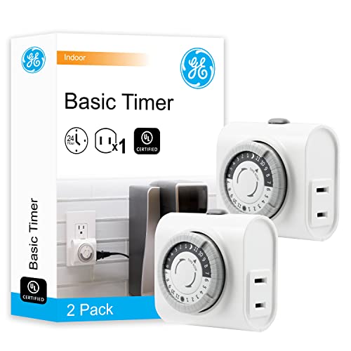 GE Mechanical Polarized Outlet Timer, Single Plug with 2 Prongs, 24 Hour Cycle, Indoor Use for Lights, Lamps, Fans, Appliances, Christmas Tree, 2 Pack, 56177