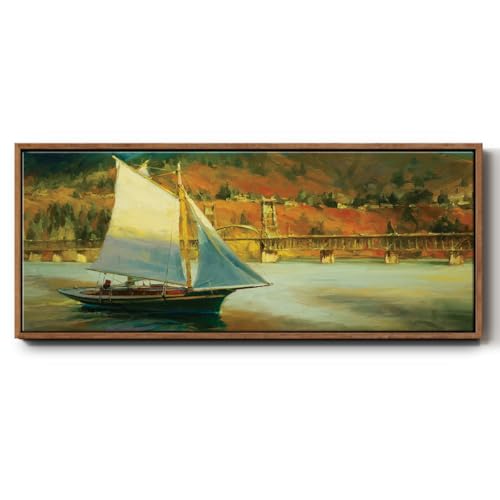 Renditions Gallery Nature Wall Art Prints for Home Sail Boat Along the Bridge & Mount Landscape Floater Frame Artwork for Bedroom Kitchen Office - 24"x60" Walnut Frame LT610