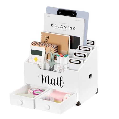 RELBRO Mail Organizer Desktop, Wood Desk Organizer with 2 Drawers, 4 Compartments for Home Office Accessories, White