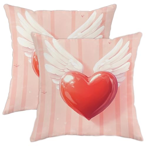 Juego de 2 fundas de cojín románticas, diseño de corazón de melocotón con alas, decoración de casa de campo para el día de San Valentín, para sala de estar, sofá, cama, 20 x 20 pulgadas