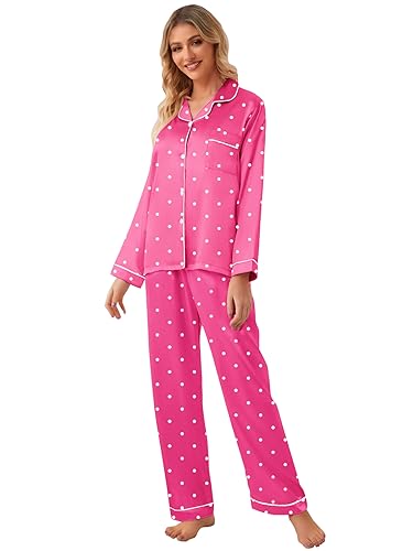 Image of Schbbbta Girls & Women Satin Pajamas Set, 2Piece Silk Nightwear Button-Down Sleepwear for Teen Kids, 3 Years - Women XXL