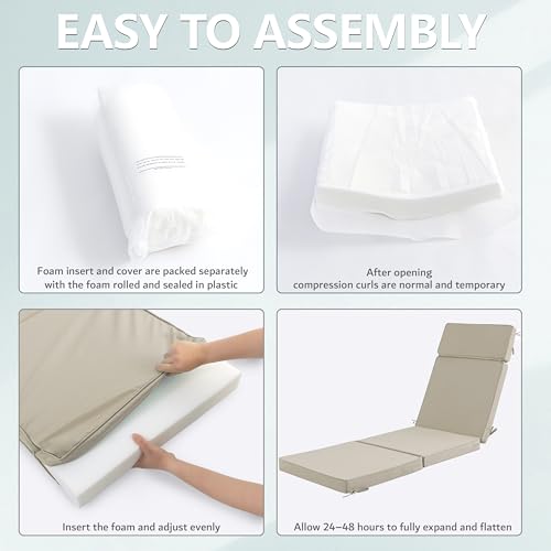 Honorbox 72 x 21 Inch Outdoor Chaise Lounge Cushions Set of 2 - Removable Cover, 4-Section Design, Water-Repellent & Fade-Resistant, 6 Tie Straps, Replacement for Patio & Pool Chairs - Cream by Honorbox - Used condition - Image 8