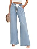 ZESICA Womens Drawstring High Waist Jeans Loose Fit Wide Leg Straight Baggy Trendy Denim Pants with Pockets,Light Blue,Large