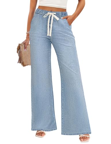 ZESICA Womens Drawstring High Waist Jeans Loose Fit Wide Leg Straight Baggy Trendy Denim Pants with Pockets