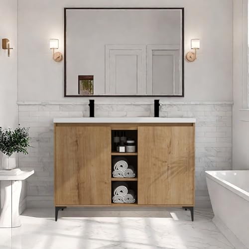 Image of Freestanding Bathroom Vanity, 48 inch Bathroom Storage Cabinet with Double Resin Sinks, 2 Soft-Close Doors & 3 Open Storage Shelves, Floor Vanity with Adjustable Shelf & Black Tripod Base, Oak