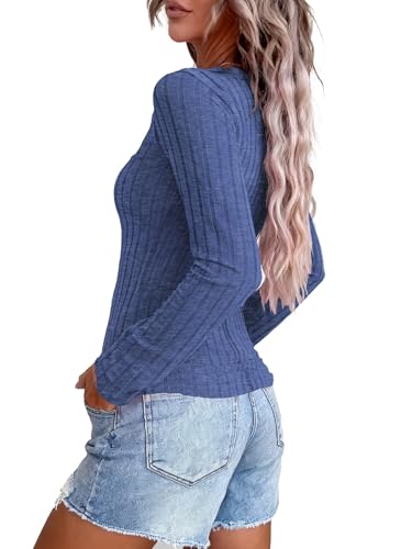 Image of APOFER Women's Long Sleeve Tunics Lightweight Ribbed Knit Blouse Scoop Neck Tops Snap Button Slim Fit Casual Henley Shirt
