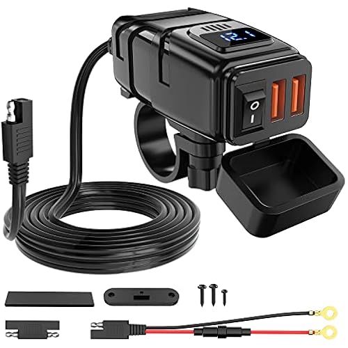Nilight Motorcycle Charger with 12V Voltmeter Independent On Off Switch SAE USB Adapter Inline 10A Fuse Waterproof 6.8A Dual QC3.0 Fast Charging Phone Tablet for 7/8inch Handlebar ATV