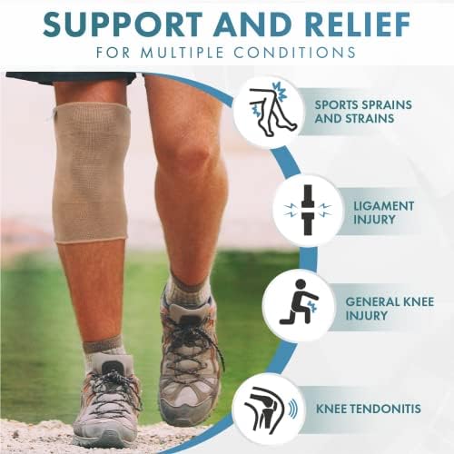 Actesso Elastic Knee Sleeve Support - Lightweight Elasticated Compression Bandage for Joint Pain & Sprains During Exercise & Sport or Post Injury. Left or Right For Both Men & Women (Beige, Small)