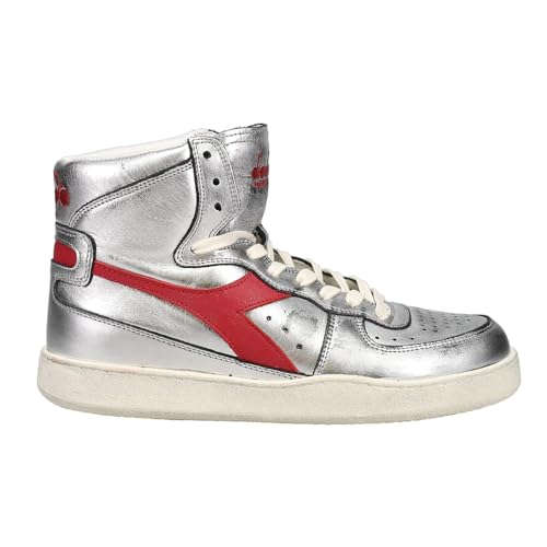 Diadora Womens Mi Basket Silver Used Perforated Metallic High Sneakers Shoes Casual - Silver
