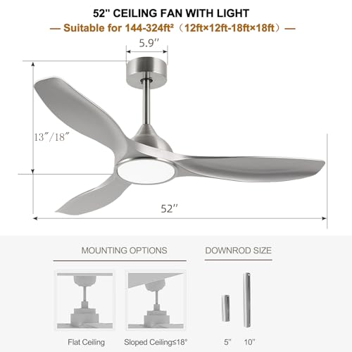 Image of 52 Inch Modern 3 Blade Silver Ceiling Fan with Lights Remote Control