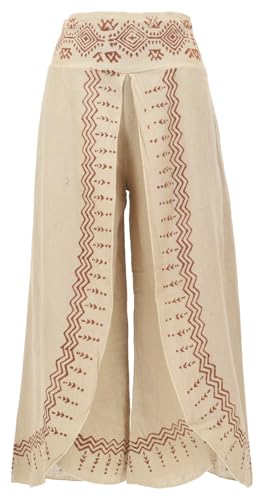GURU SHOP Palazzohose, Hosenrock, Bedruckte Natürliche Boho Schlaghose, Sommerhose - Hellbeige, Damen, Size:L