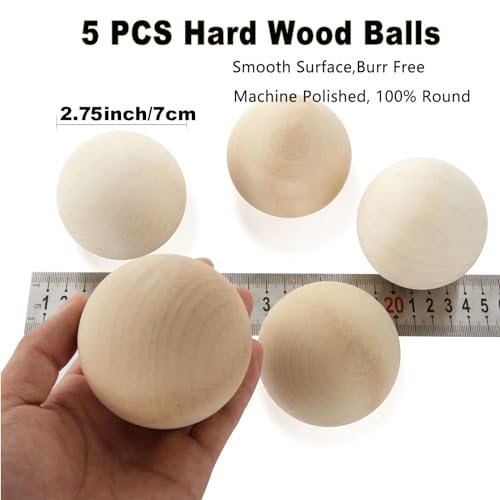 5 Pack Round Wooden Balls 2.75 Inch Unfinished Wood Balls, Natural Hardwood Craft Ball Wood Sphere, Round Wood Balls for Crafts, DIY Projects, Home & Christmas Decor
