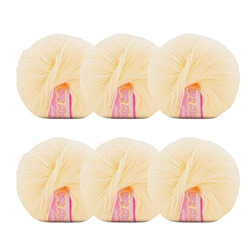 Image of Vardhman Baby Soft Yarn Pack of 6 - 4-Ply Acrylic Wool 150g Total | Soft Yarn for Knitting & Crocheting Baby Blankets, Sweaters, Toys & Accessories | 86m per 25g Ball (1, Cream)