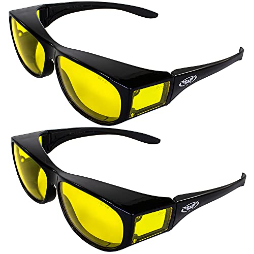 Global Vision Escort Fits Over Most Glasses Motorcycle Sunglasses 2 Pair Black Frame w/Yellow Lenses
