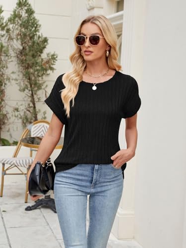 Sthxyfaith Womens Short Sleeve Textured Tops Crewneck Knit Solid Loose Casual Basic T Shirts Tee Blouses