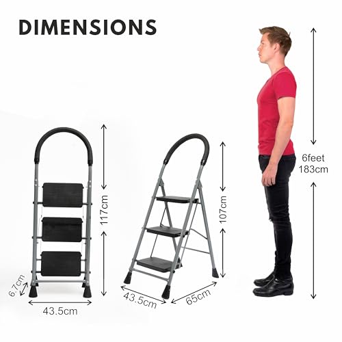 Image of Zolmix Premium Steel Ladder, Stairs for Home, Foldable 3 Step Ladder, Sidi, Safety Clutch Lock, Anti Slip Steps, Knee Guard, Firm Grip, Anti Skid, Durable, Heavy Duty, Lader 5 Years Warranty - Grey