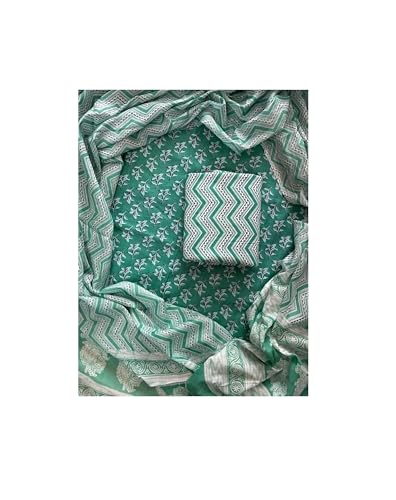 Image of Eddika women unstitched hand block printed cotton suit set with mulmul dupatta ehbpcswmd0120P
