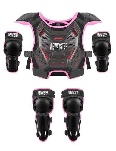 Kids Dirt Bike Gear Chest Protector Motocross Gear Motorcycle Body Armor Vest Youth Riding Gear Knee Shin Guard Elbow Pads for Cycling Ski Skateboard Skating Off-Road MTB ATV (Pink)
