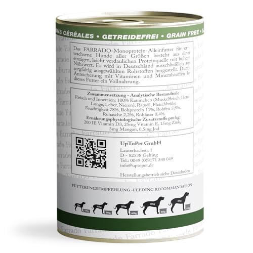 Farrado I Premium Nassfutter getreidefrei für Ihren Hund – Kaninchen 400g I hypoallergenes Hundefutter für alle ausgewachsenen Rassen