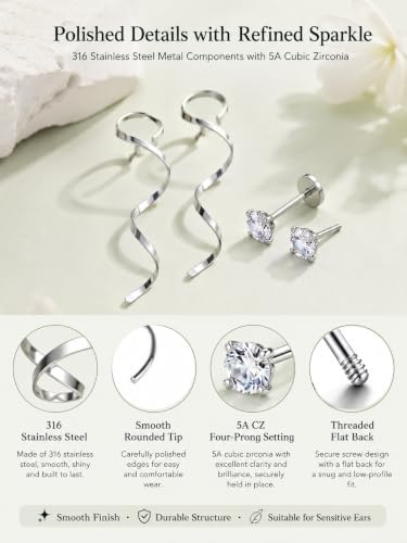Hypoallergenic Spiral Threader & CZ Flat Back Earrings, 316 Stainless Steel - 5