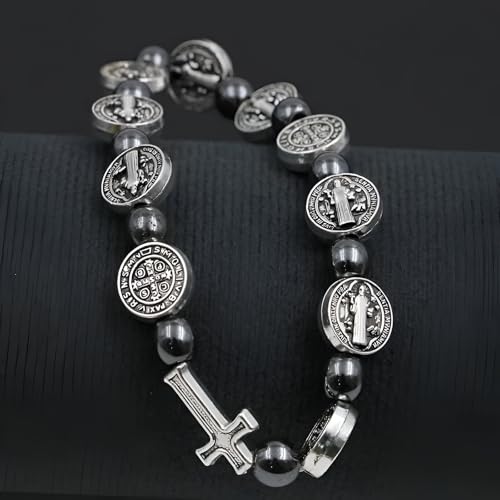 925 Sterling Silver San Benito Bracelet For Women And Men - Catholic Saint Benedict Cross Crystal Bracelet, St Benedict Bracelets Black Glass Beads Rosary Christian Religious Jewelry Best Gifts (3 - San Benito Bracelet) 6