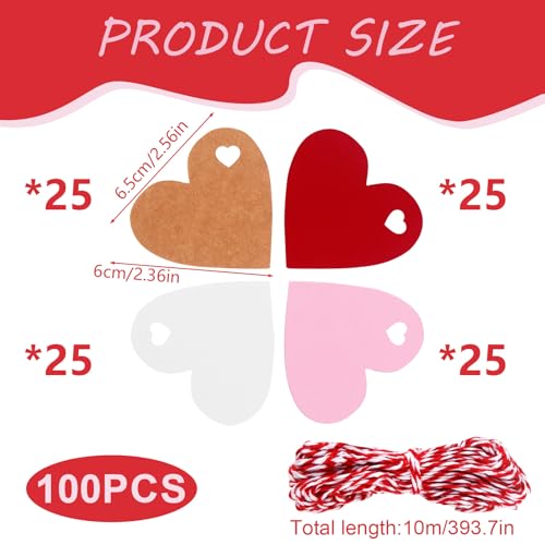 ORUZA Herz Geschenkanhänger Kraftpapier, 100 Stück Kraftpapier Anhänger mit Roter Zwirn, Kraftpapiers Handmade Label für Hochzeit Geburtstag Ostern Weihnachten Geschenke
