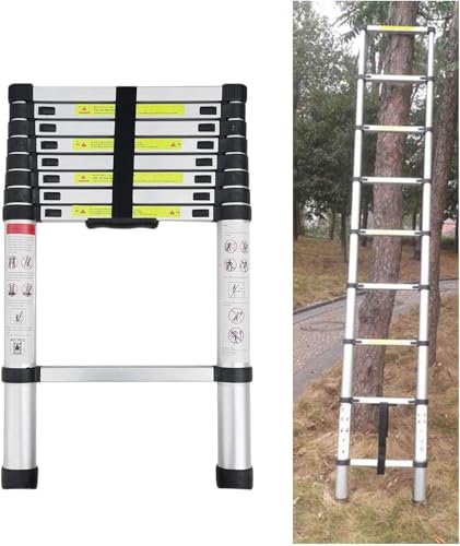 Teleskopleiter 2,6M/3,2M/3,8M/4,4M/5M Rutschfester Aluleiter Schiebeleiter Sprossenleiter, aus hochwertigem Aluminium, Ausziehleiter Teleskop-Design Mehrzweckleiter max 150 kg Belastbarkeit Silber