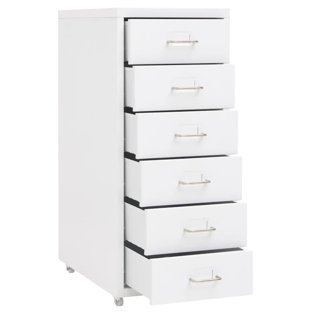 Hängeregistraturschrank aus Stahl mit 6 Schubladen in Weiß, 28 cm Breite für die Büroorganisation, Büro Aktenschrank mit Rollen und Metallkonstruktion