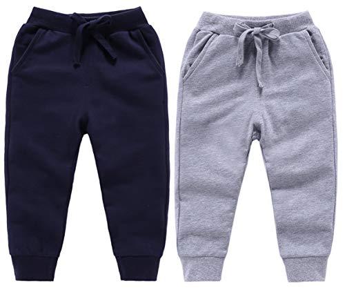 Qin.Orianna Toddler Baby Boy Active Cotton Drawstring Jogger Pants with Pockets (2Pack(Navy+Grey),4-5Years)