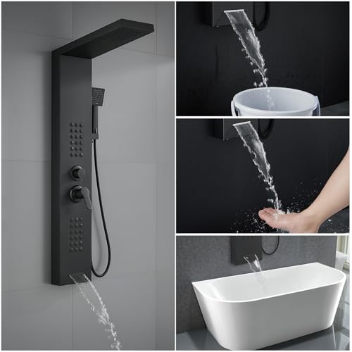 ROVATE Shower Panel Tower System with Rainfall Shower Head, Elegant Matte Black Shower Tower with Powerful Body Jets, Handheld Shower and Tub Spout, Stainless Steel Shower Column Black High Pressure