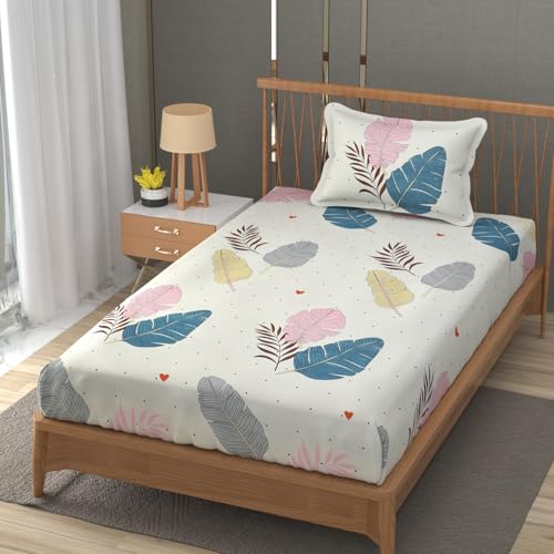 Image of Premium Heavy Cotton Elastic Fitted Bedsheets with 1 King Size Pillow Covers | Single Bed with All Around Elastic 350 TC | 36 x 78 x 6 Inch Single Size Fitted | - Colorfull Wings