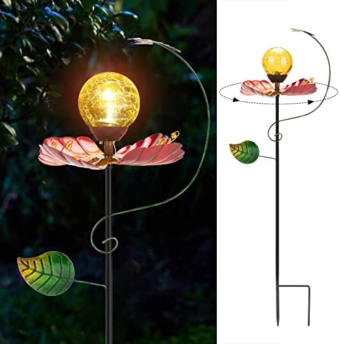 Solar Garden Lights Metal Flower Decor, Spinning Windmill Lotus Pathway Lights with LED Cracked Crystal Ball Outdoor Decorative Stake Lighting Waterproof Flower Sculpture for Patio Yard(1 Pack)
