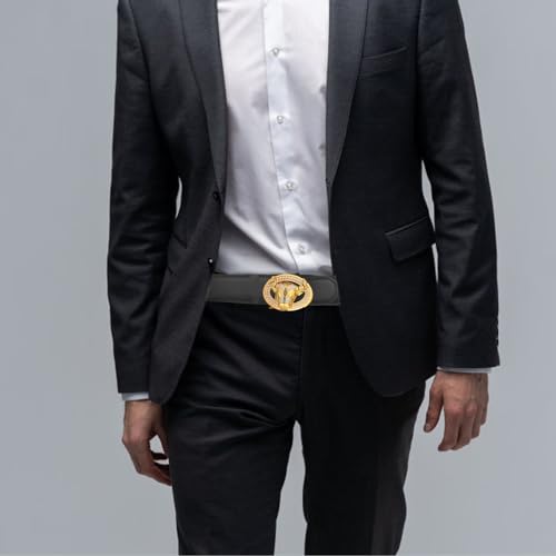 Mens Belts Leather, Ratchet Dress Western Belt for Men with Bull Head Pattern Alloy Oval Diamond Buckle,Black,125CM/49.2''3