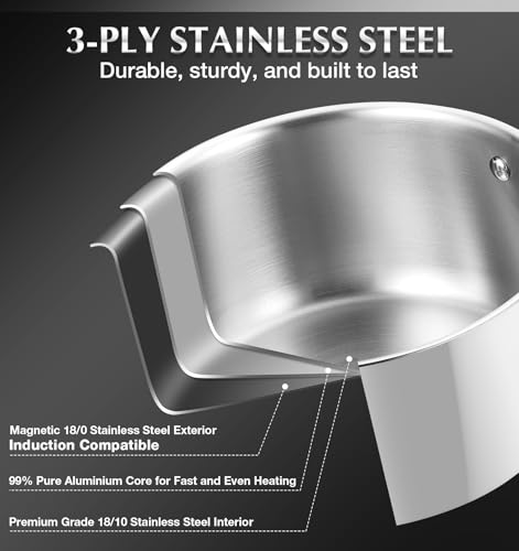 Image of KOCH SYSTEME CS 4 Quart Stainless Steel Saucepan with Lid, Tri-Ply Stainless Steel Pot 4QT, Large Cooking Pot, Sauce Pan with Stay Cool Handle, Induction Compatible Pot, Oven Safe 600F