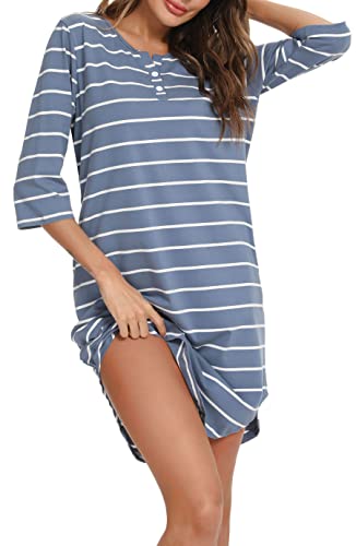Vlazom Chemise Nuit Femme Rayé,Chemise de Nuit Femme 3/4 Manches Longues en Coton Chemise de Nuit Femme Boutonnée Devant Doux Tee Shirt de Nuit Femme,L,Ciel Bleu – vue 2