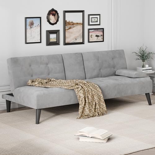 JAMFLY Futon Sofa Bed, 64" Small Futon Couch with Adjustable Backrest, 3-Angle Recliner, Detachable Armrests with Cup Holders for Small Spaces, Living Room, Office, Apartment (Light Grey Velvet)