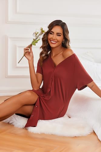 Image of Ekouaer 3 Pack Women's Nightshirt Button Down Nightgown Short Sleeve Sleepshirt V Neck Pajama Dress with Pockets