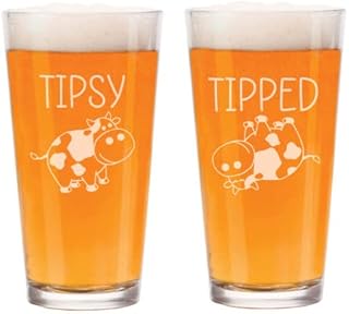 MIP 16 oz Beer Pint Glass Gift Set Of 2 Tipsy Tipped Cow Funny