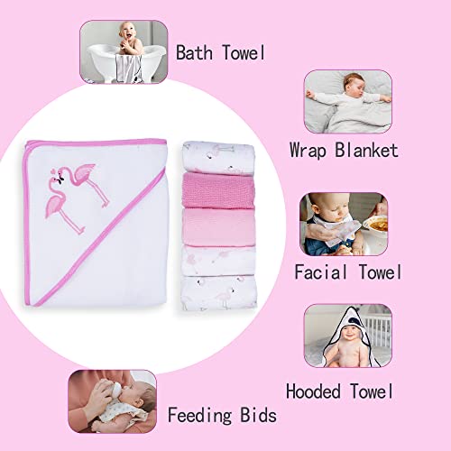 Image of Viviland Baby Towels and Washcloths, Soft Absorbent Baby Girl Bath Towel Set, Flamingos Hooded Towels with 5 Infant Washcloths (6 Pieces)